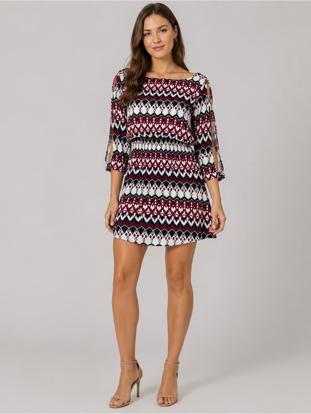 Maroon Black White Patterned Mini Dress size 8
